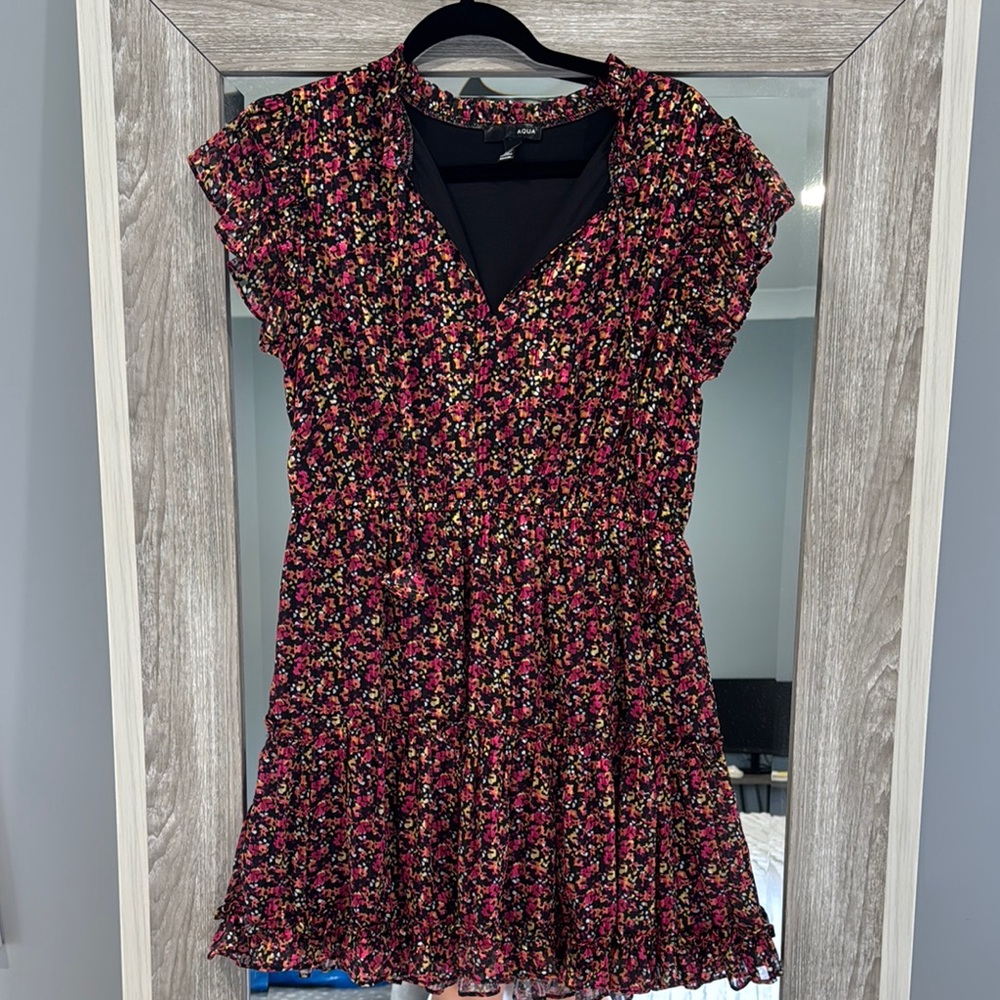 Aqua Vibrant Floral Dress with Ruffle Detail